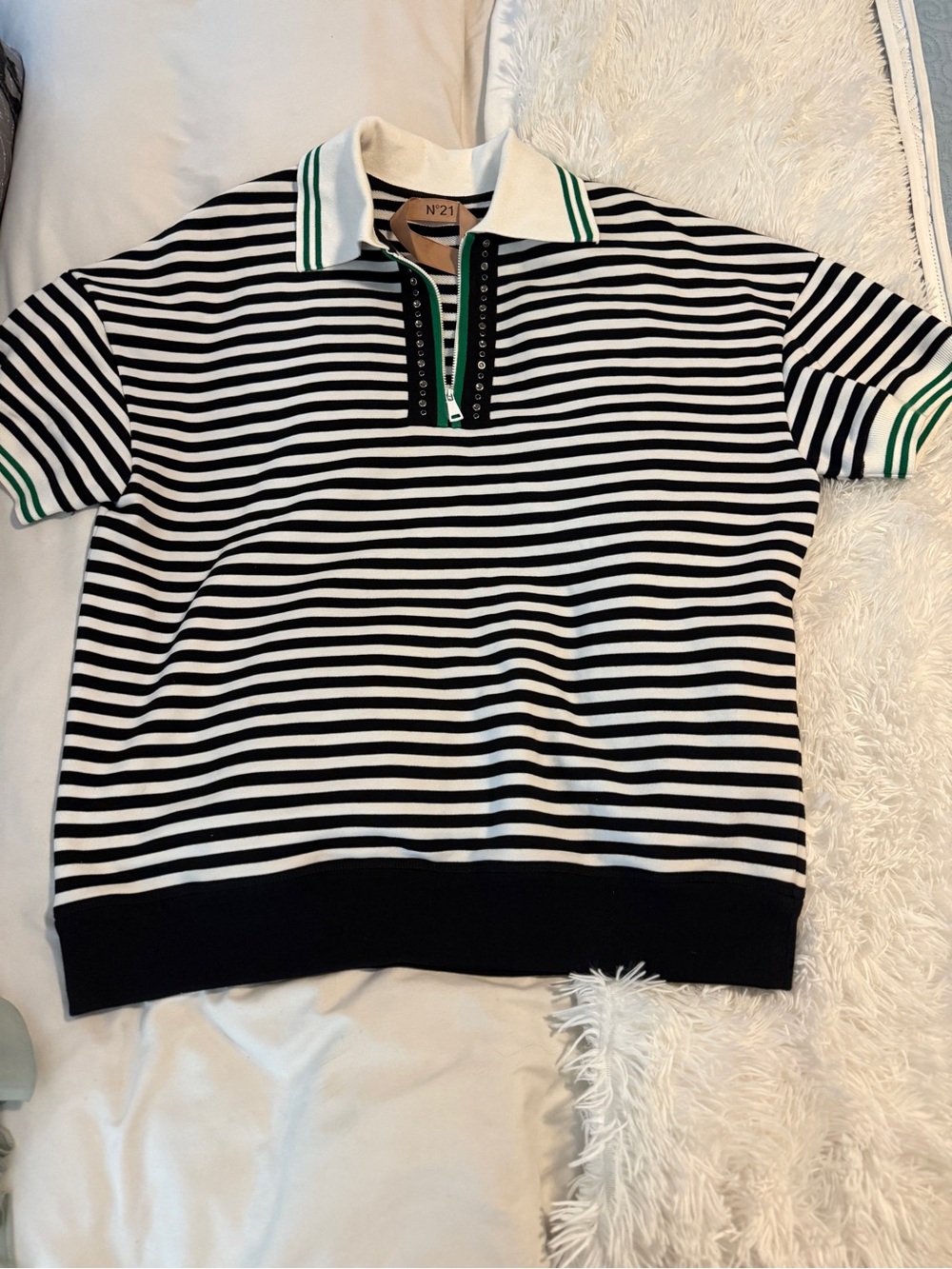 No. 21 Black and White Striped Polo with Green Trim
